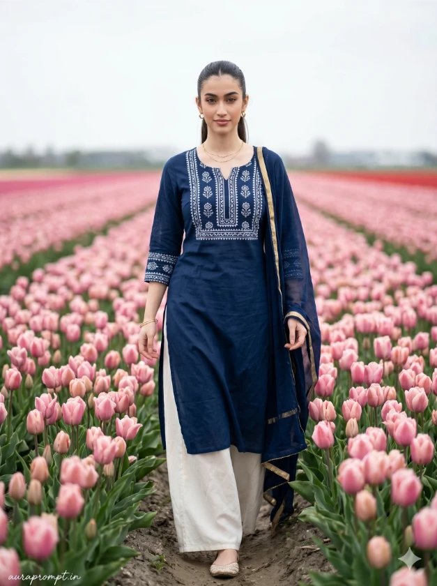 Woman in dark navy blue printed kurta with dupatta in a pink tulip field photographed with copy paste Gemini prompts 2026