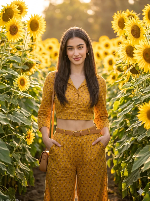 Young Indian woman in mustard yellow co-ord set posing in a sunflower field with cinematic warm light from Google Gemini aesthetic photo prompts