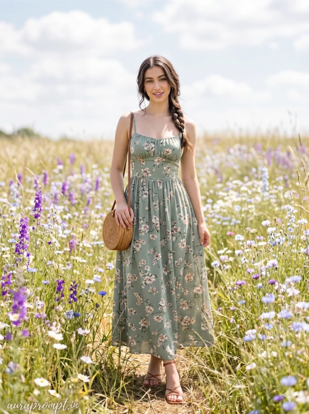 Indian girl in sage green floral maxi dress looking at camera in a wildflower meadow created with viral Gemini prompts for women photos