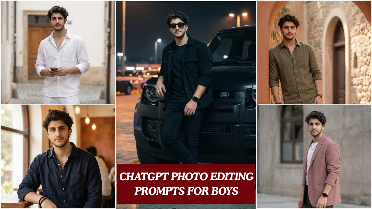 A young Indian man in dark Pinterest-style outfits across five cinematic AI photo edits created using chatgpt photo editing prompts for boys