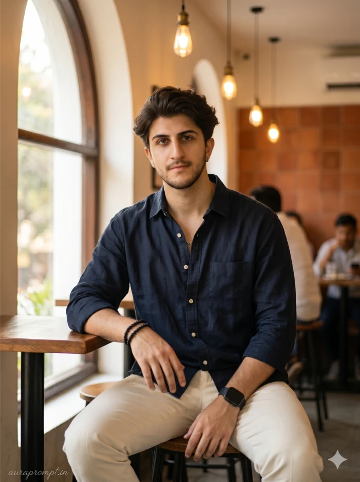 Young Indian man sitting inside a warm Pinterest café wearing an oversized dark navy shirt, created using chatgpt photo editing prompts for boys