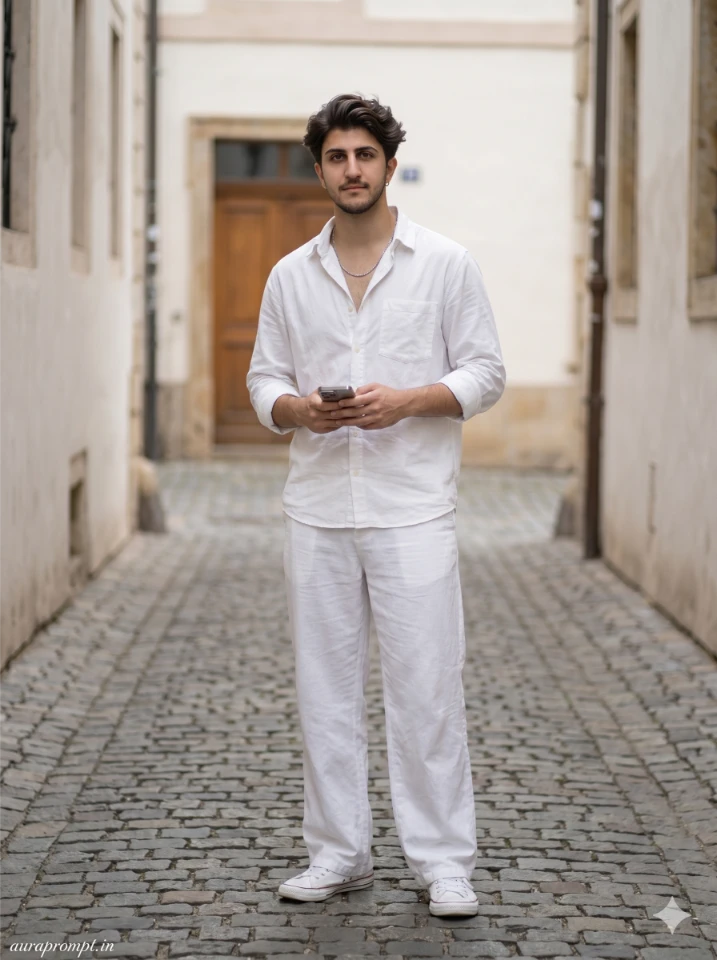 Stylish Indian guy in all-white co-ord set standing on a cobblestone lane shot with chatgpt cinematic editing prompts for boys