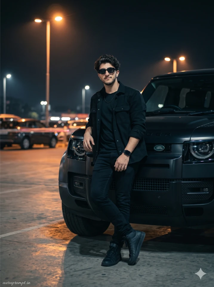 Young man in all-black outfit leaning against a matte black SUV at night captured with trending boys ai photo prompts