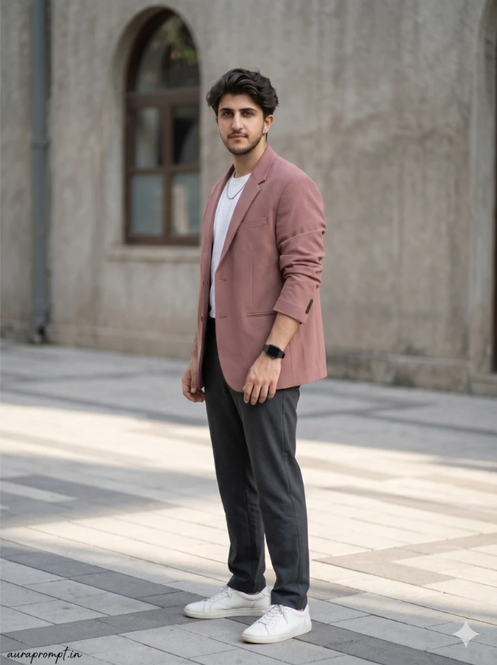 Young Indian man in a dusty rose oversized blazer and charcoal trousers standing on a pale grey urban street captured using chatgpt photo editing prompts for boys