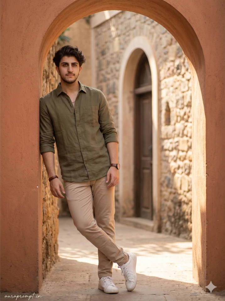Indian man in olive linen shirt near an arched doorway shot in earthy tones using ai photo editing prompts for boys