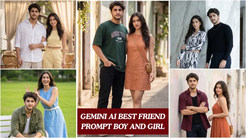 A photorealistic gemini ai best friend prompt showing an Indian boy and girl in summer outfits standing together in a Pinterest-style outdoor setting.