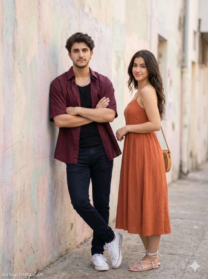A photorealistic gemini ai best friend prompt showing an Indian boy and girl in summer outfits standing together in a Pinterest-style outdoor setting.