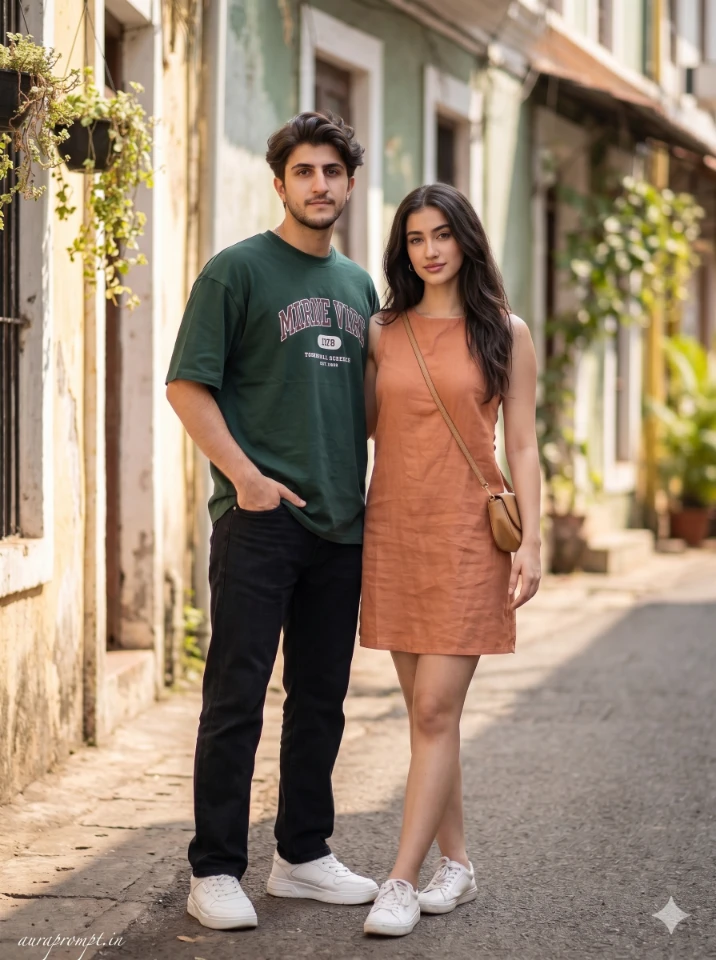 A photorealistic gemini ai best friend prompt showing an Indian boy and girl in summer outfits standing together in a Pinterest-style outdoor setting.
