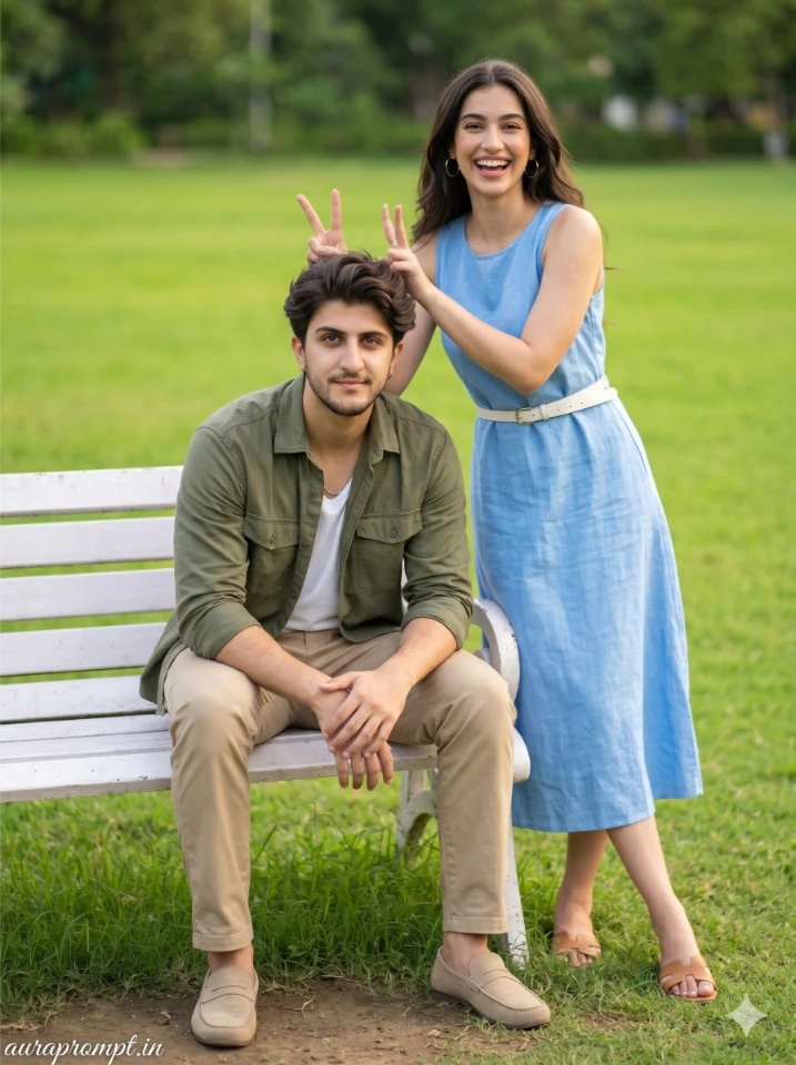 A photorealistic gemini ai best friend prompt showing an Indian boy and girl in summer outfits standing together in a Pinterest-style outdoor setting.