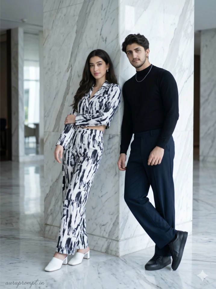 A photorealistic gemini ai best friend prompt showing an Indian boy and girl in summer outfits standing together in a Pinterest-style outdoor setting.