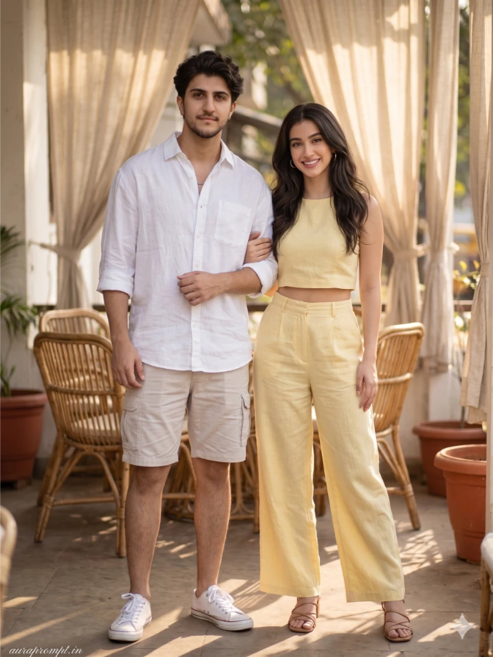 A photorealistic gemini ai best friend prompt showing an Indian boy and girl in summer outfits standing together in a Pinterest-style outdoor setting.