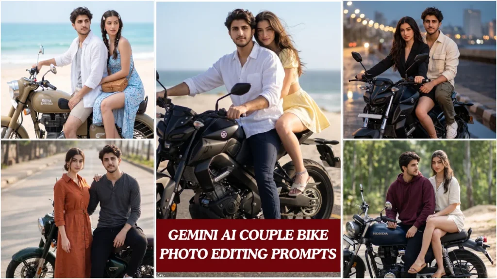 Gemini AI couple bike photo editing prompts showing a young Indian couple on a motorcycle in a cinematic beach setting