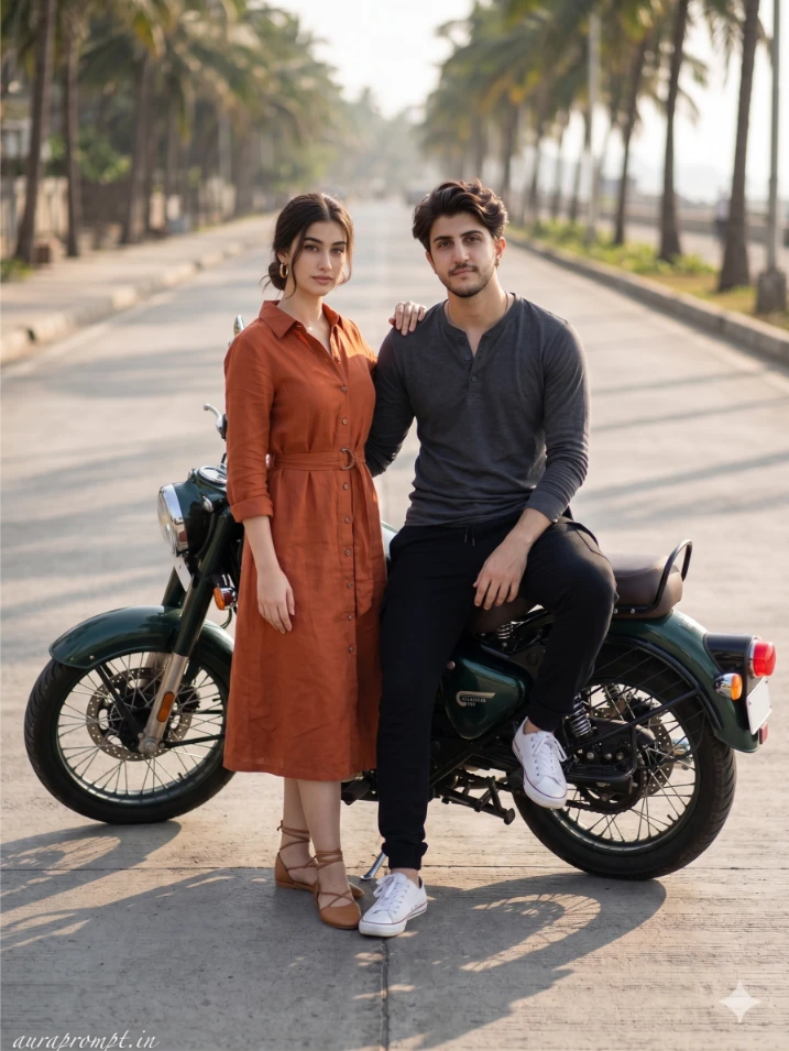 Gemini AI couple bike photo editing prompts showing a young Indian couple on a motorcycle in a cinematic beach setting