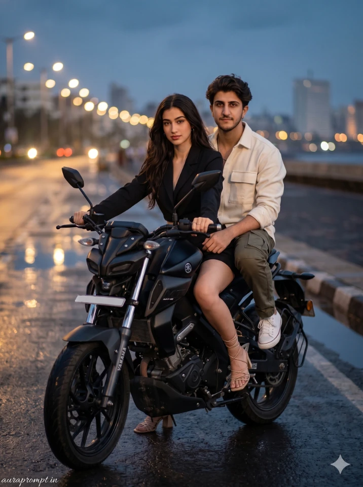 Gemini AI couple bike photo editing prompts showing a young Indian couple on a motorcycle in a cinematic beach setting