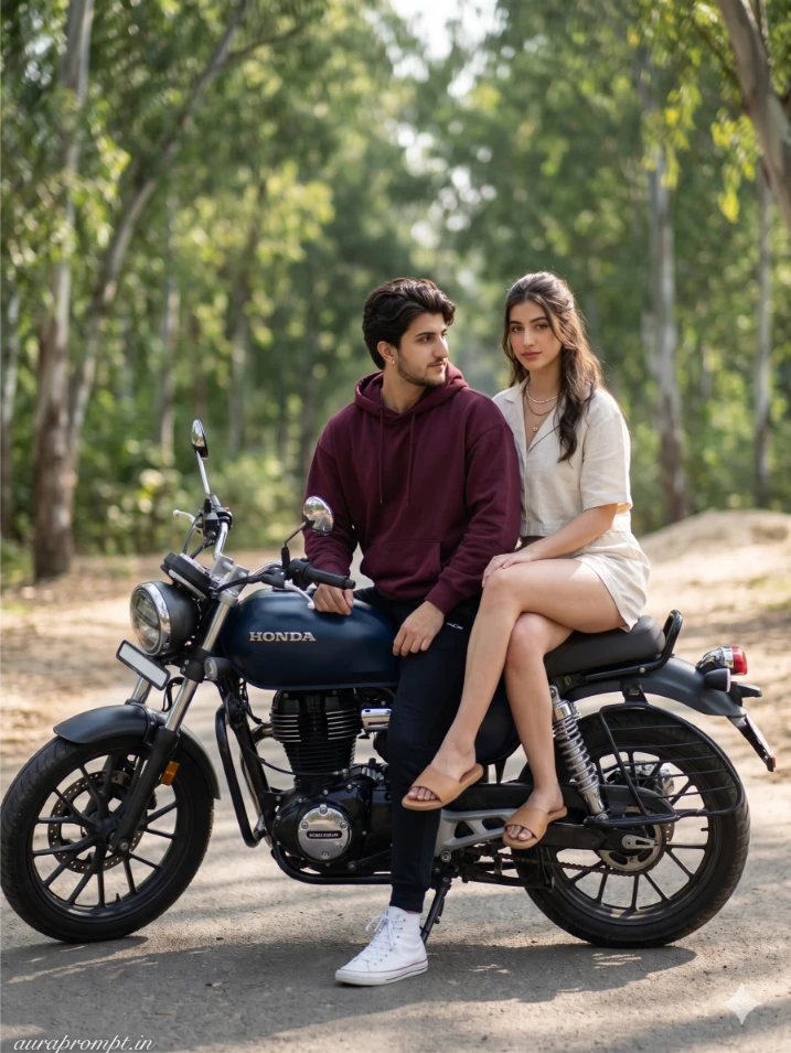 Gemini AI couple bike photo editing prompts showing a young Indian couple on a motorcycle in a cinematic beach setting