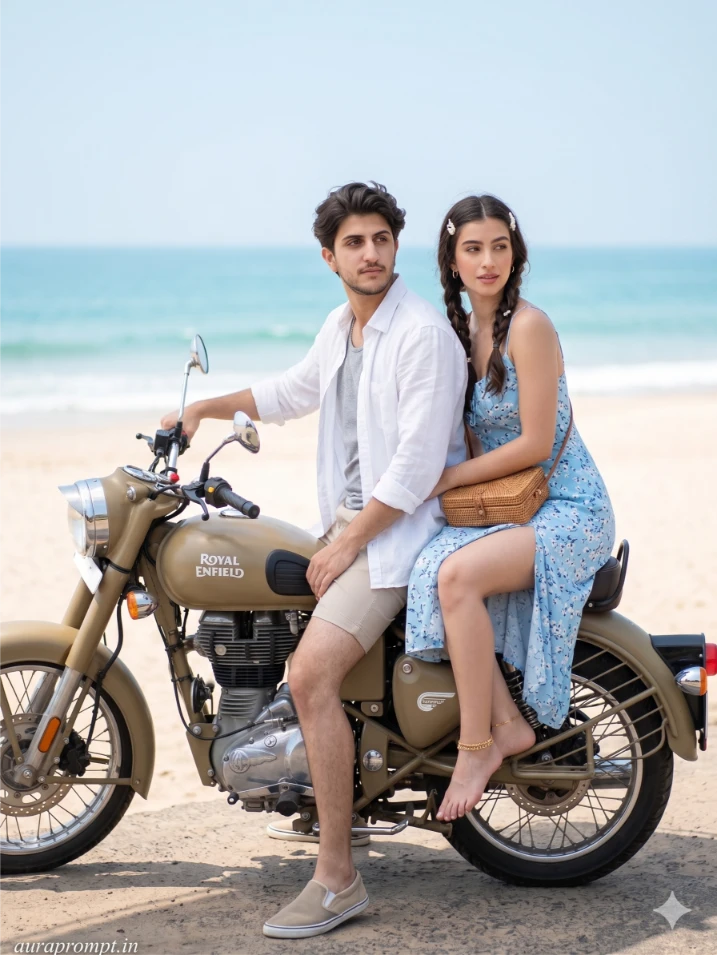 Gemini AI couple bike photo editing prompts showing a young Indian couple on a motorcycle in a cinematic beach setting