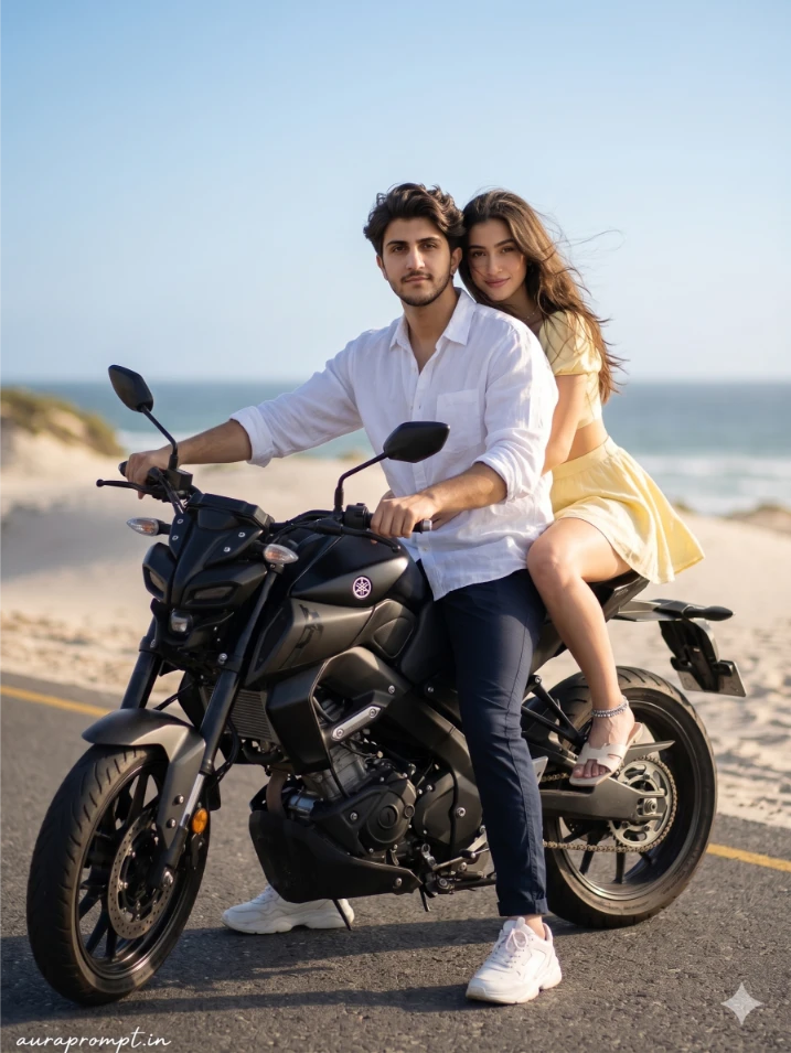 Gemini AI couple bike photo editing prompts showing a young Indian couple on a motorcycle in a cinematic beach setting