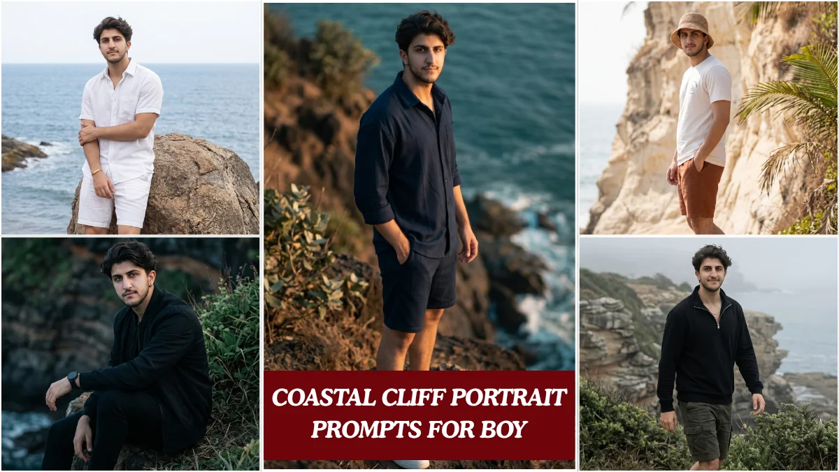 A cinematic gemini ai photo prompt copy paste trending boy 2026 standing at a Goa coastal cliff edge in a dark Pinterest outfit