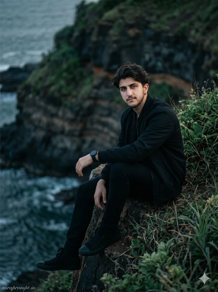 A cinematic gemini ai photo prompt copy paste trending boy 2026 standing at a Goa coastal cliff edge in a dark Pinterest outfit