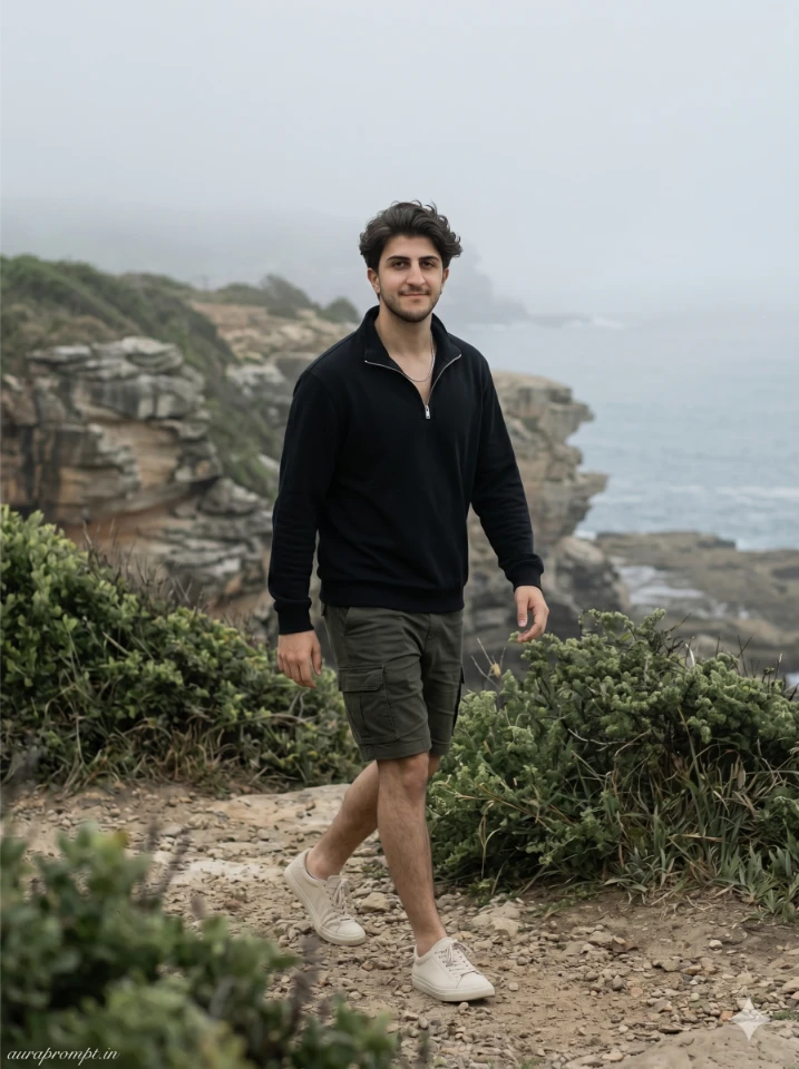 A cinematic gemini ai photo prompt copy paste trending boy 2026 standing at a Goa coastal cliff edge in a dark Pinterest outfit