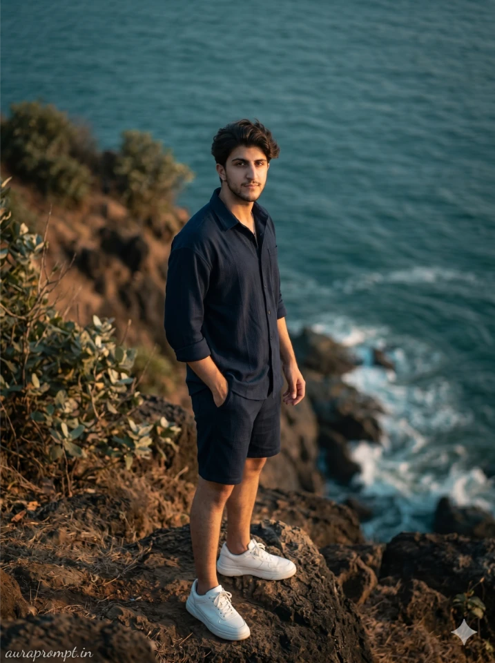 A cinematic gemini ai photo prompt copy paste trending boy 2026 standing at a Goa coastal cliff edge in a dark Pinterest outfit