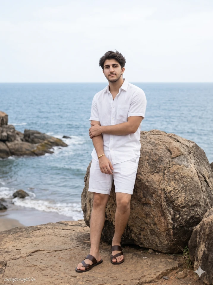 A cinematic gemini ai photo prompt copy paste trending boy 2026 standing at a Goa coastal cliff edge in a dark Pinterest outfit