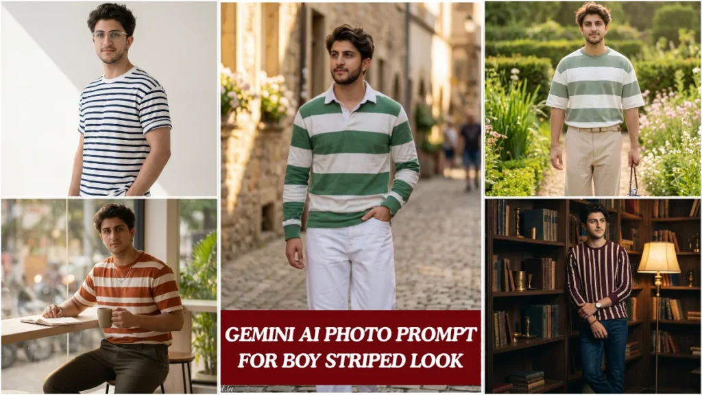 A stylish Indian boy in striped t-shirt generated using gemini ai photo prompt for boy in cinematic editorial style