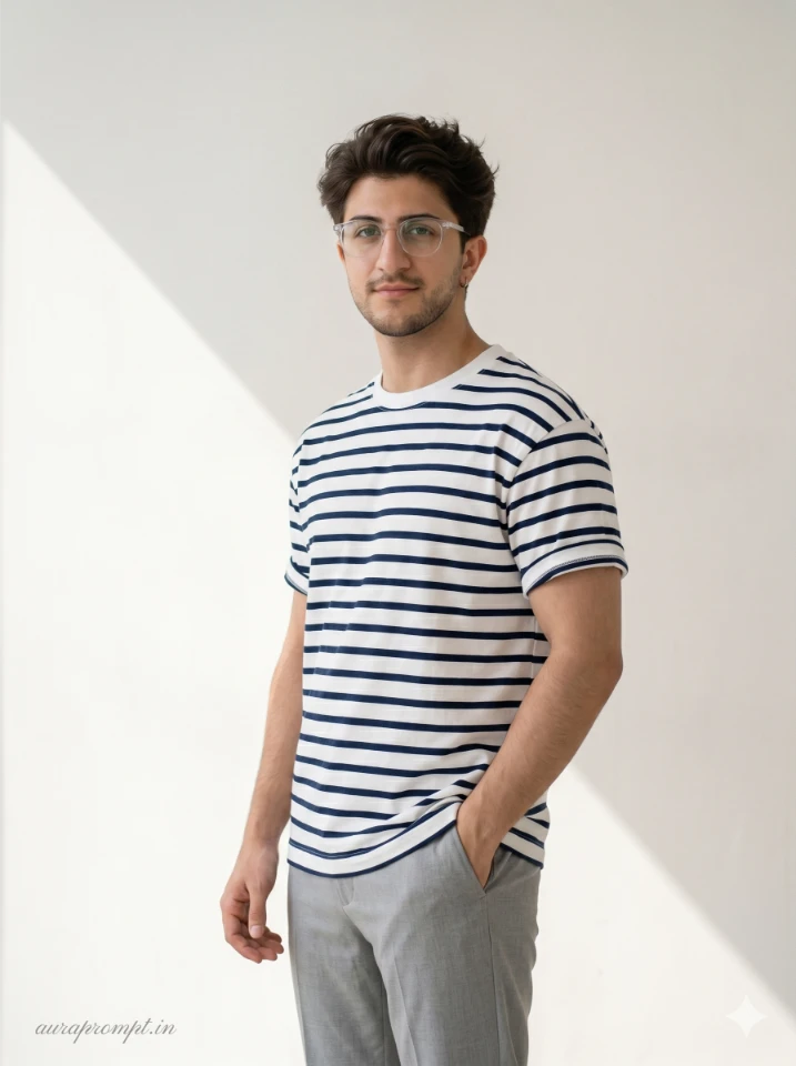 A stylish Indian boy in striped t-shirt generated using gemini ai photo prompt for boy in cinematic editorial style