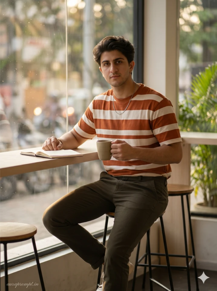 A stylish Indian boy in striped t-shirt generated using gemini ai photo prompt for boy in cinematic editorial style