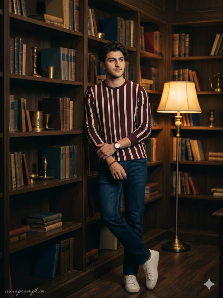 A stylish Indian boy in striped t-shirt generated using gemini ai photo prompt for boy in cinematic editorial style