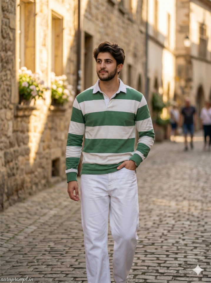 A stylish Indian boy in striped t-shirt generated using gemini ai photo prompt for boy in cinematic editorial style