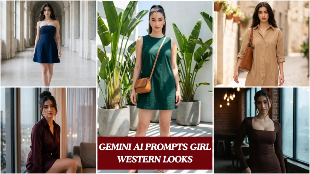 A trending gemini ai photo prompts girl result showing cinematic western dress editorial look for Indian Instagram creators in 2026.