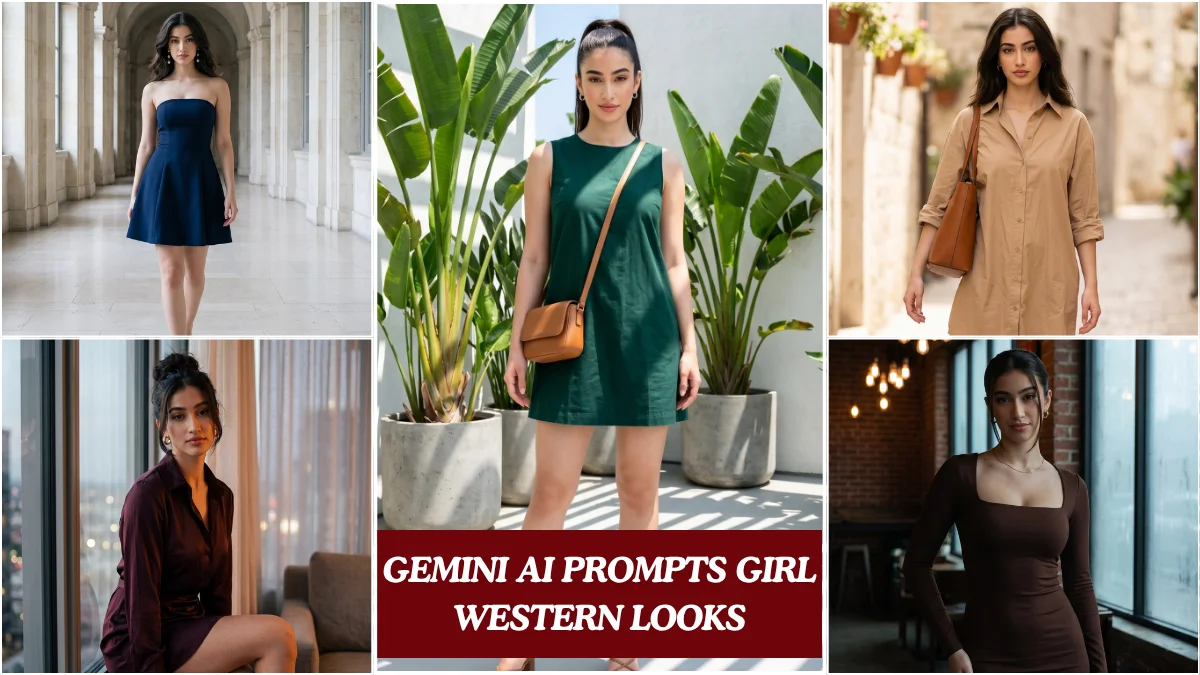 A trending gemini ai photo prompts girl result showing cinematic western dress editorial look for Indian Instagram creators in 2026.