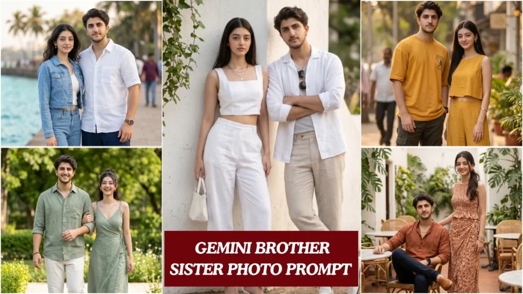 A cinematic gemini brother sister photo prompt result showing Indian siblings in Pinterest-inspired summer outfits standing outdoors in warm natural light.