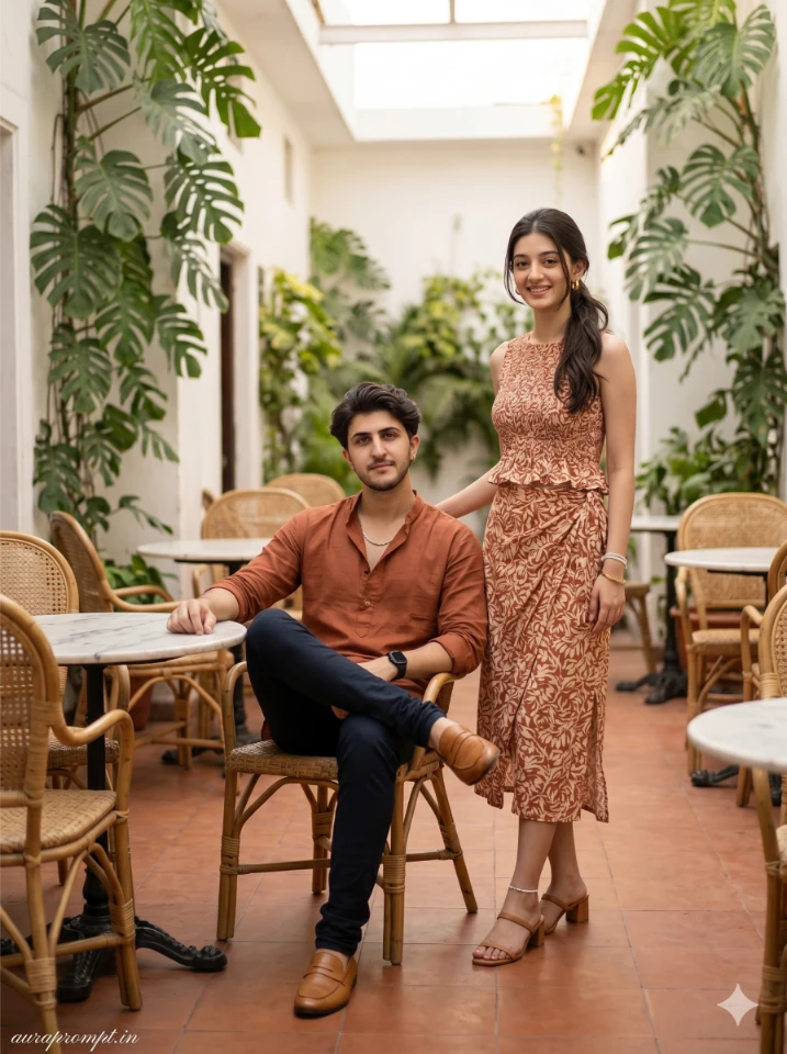 A cinematic gemini brother sister photo prompt result showing Indian siblings in Pinterest-inspired summer outfits standing outdoors in warm natural light.