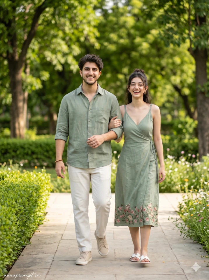 A cinematic gemini brother sister photo prompt result showing Indian siblings in Pinterest-inspired summer outfits standing outdoors in warm natural light.