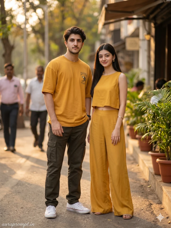 A cinematic gemini brother sister photo prompt result showing Indian siblings in Pinterest-inspired summer outfits standing outdoors in warm natural light.