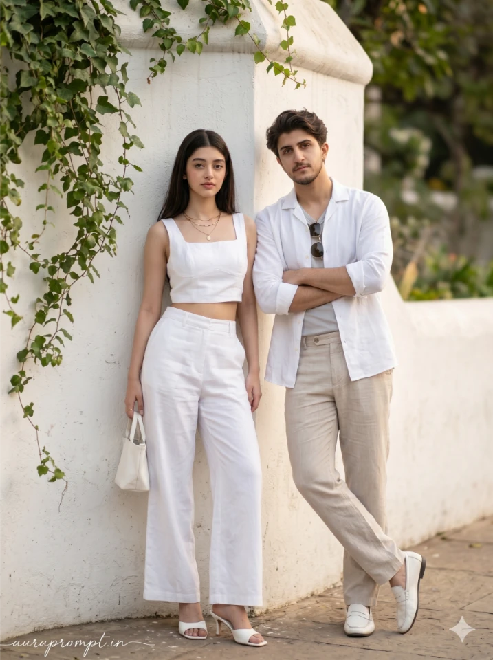 A cinematic gemini brother sister photo prompt result showing Indian siblings in Pinterest-inspired summer outfits standing outdoors in warm natural light.