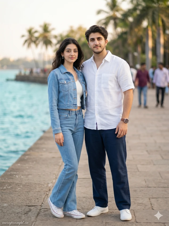 A cinematic gemini brother sister photo prompt result showing Indian siblings in Pinterest-inspired summer outfits standing outdoors in warm natural light.