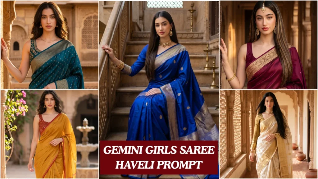 A young Indian woman in a deep teal silk saree standing inside a carved sandstone haveli archway, cinematic gemini girls saree haveli prompt editorial shot