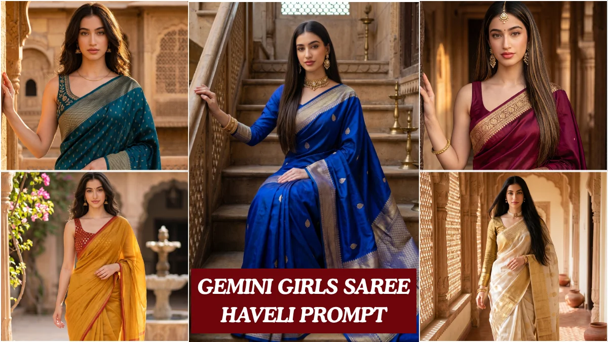 A young Indian woman in a deep teal silk saree standing inside a carved sandstone haveli archway, cinematic gemini girls saree haveli prompt editorial shot