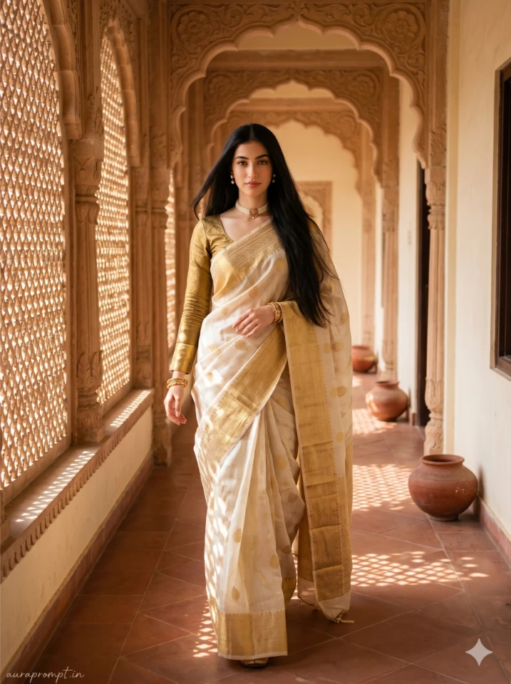 Indian girl in ivory and gold saree walking through a sunlit haveli corridor, royal haveli photoshoot prompt, Gemini traditional Indian girl prompt