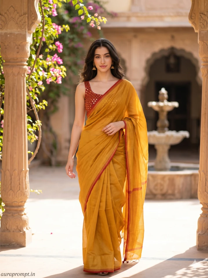 Indian girl in mustard chanderi saree standing near a haveli courtyard fountain, AI saree photo prompt copy paste editorial