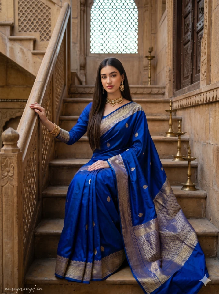 Young Indian woman in royal blue Banarasi saree seated on carved haveli stairs, gemini AI saree prompt cinematic portrait