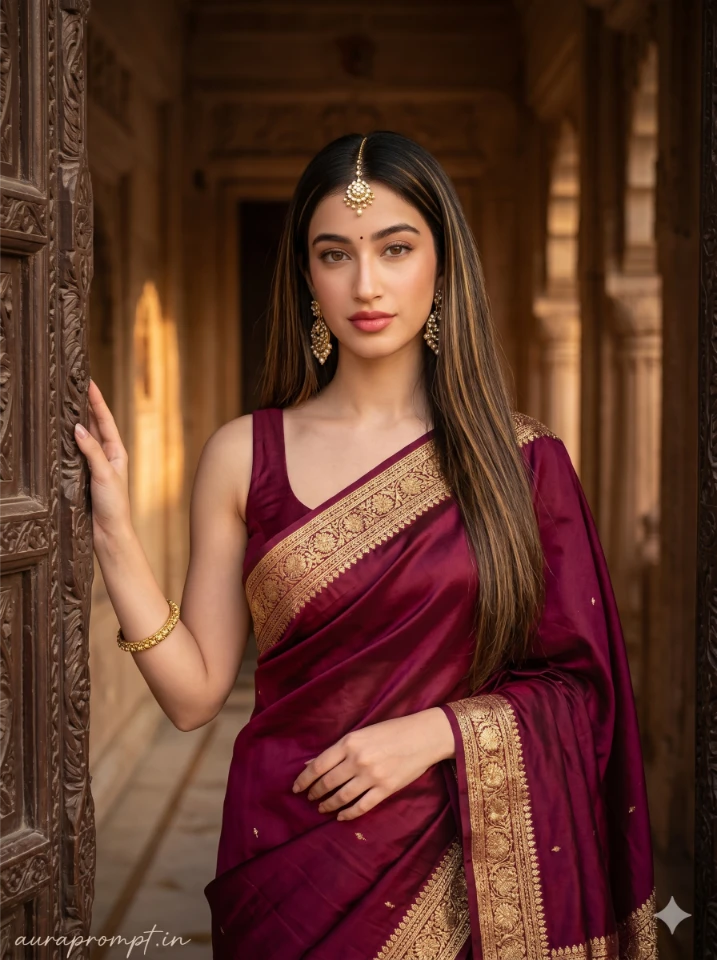 Woman in deep burgundy silk saree posed at an arched haveli doorway, cinematic saree portrait AI, Gemini photo editing prompt 2026
