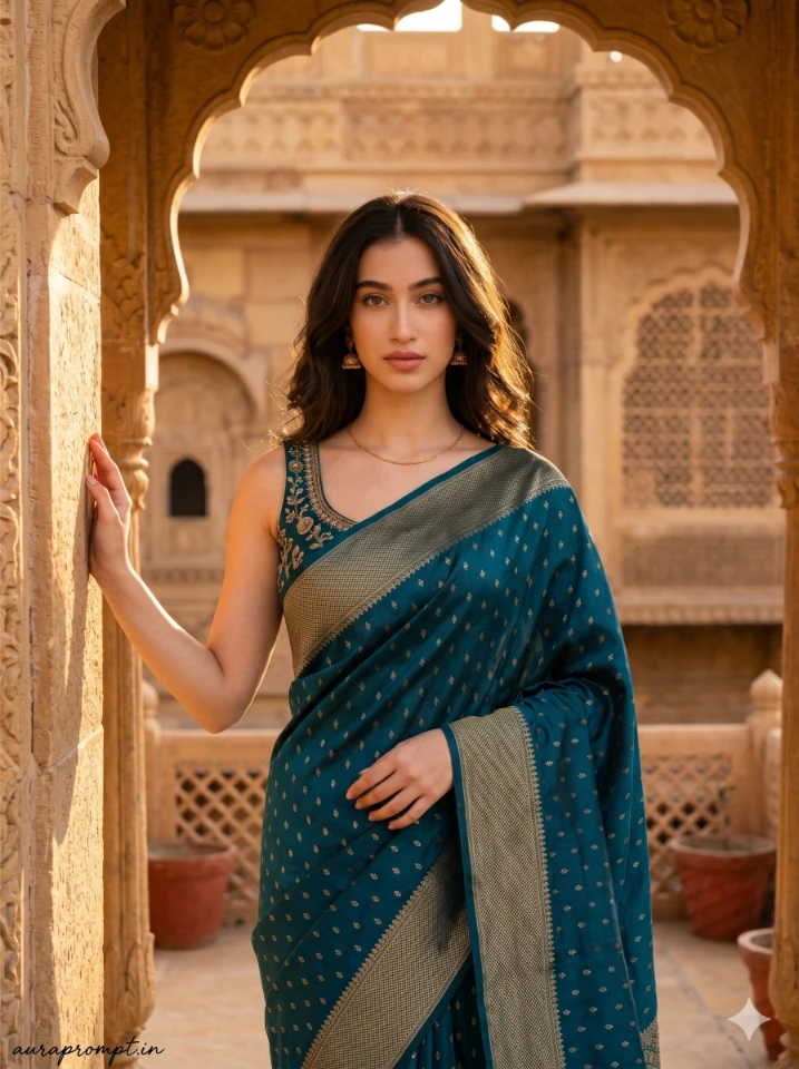 Indian girl in peach organza saree leaning on a jharokha balcony, gemini girls saree haveli prompt, warm amber afternoon light