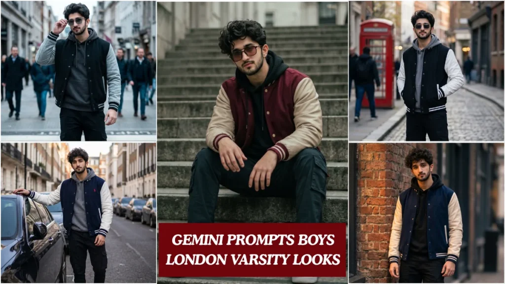 Five gemini prompts for boys uk showing Indian male model in London varsity streetwear looks across different urban street scenes