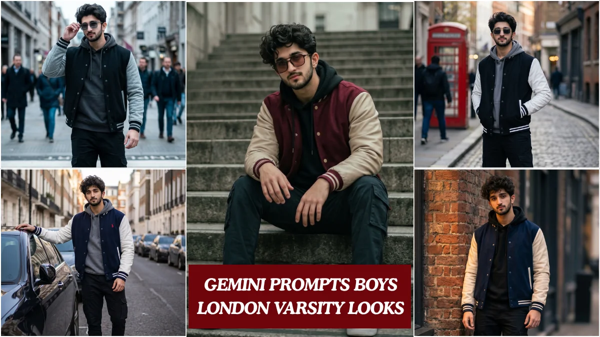 Five gemini prompts for boys uk showing Indian male model in London varsity streetwear looks across different urban street scenes