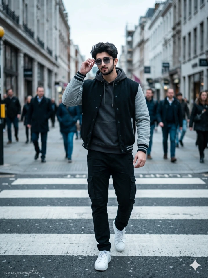 Indian boy in black and grey varsity jacket adjusting sunglasses at a London zebra crosswalk, gemini streetwear prompts for boys uk candid street shot