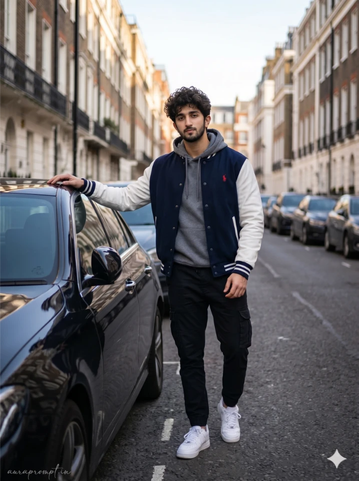 Male model in dark blue varsity jacket with white sleeves standing beside a parked black car on a London street, ai boy photo prompts for gemini uk
